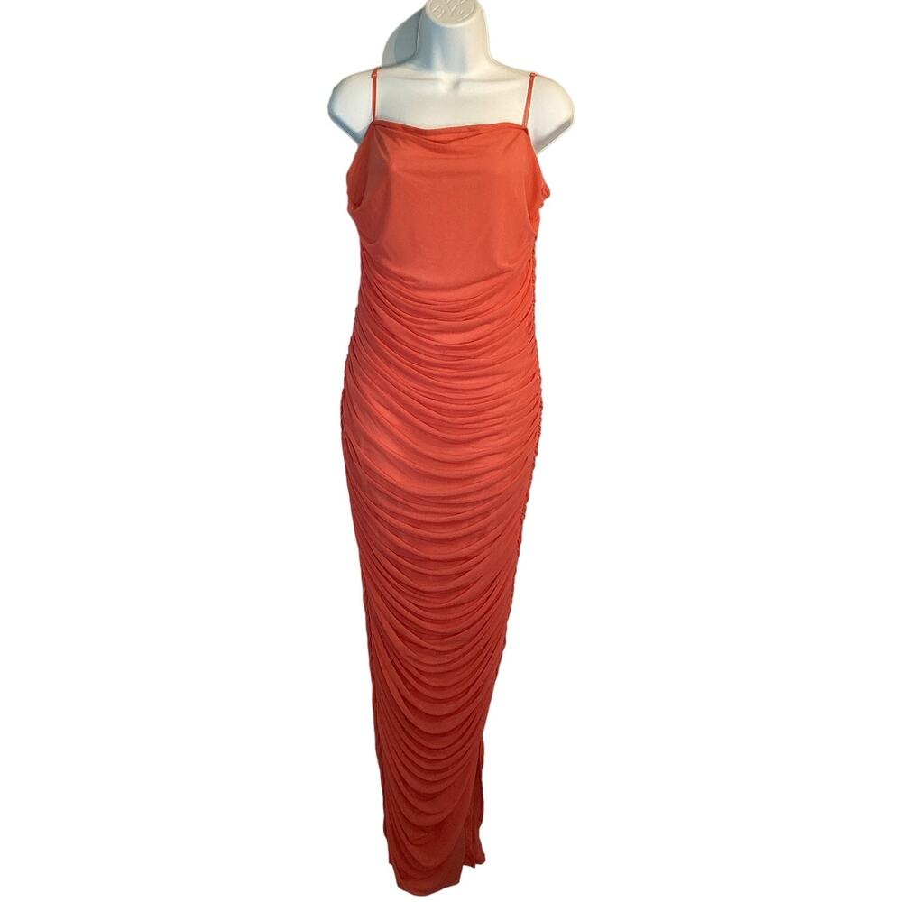 Venus‎ Ruched Mesh Fitted Bodycon Maxi Dress Coral L